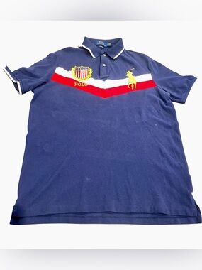 Ralph Lauren Polo Shirt Navy Blue US Flag Classic Fit Big Logo Gold Men’s Sz L